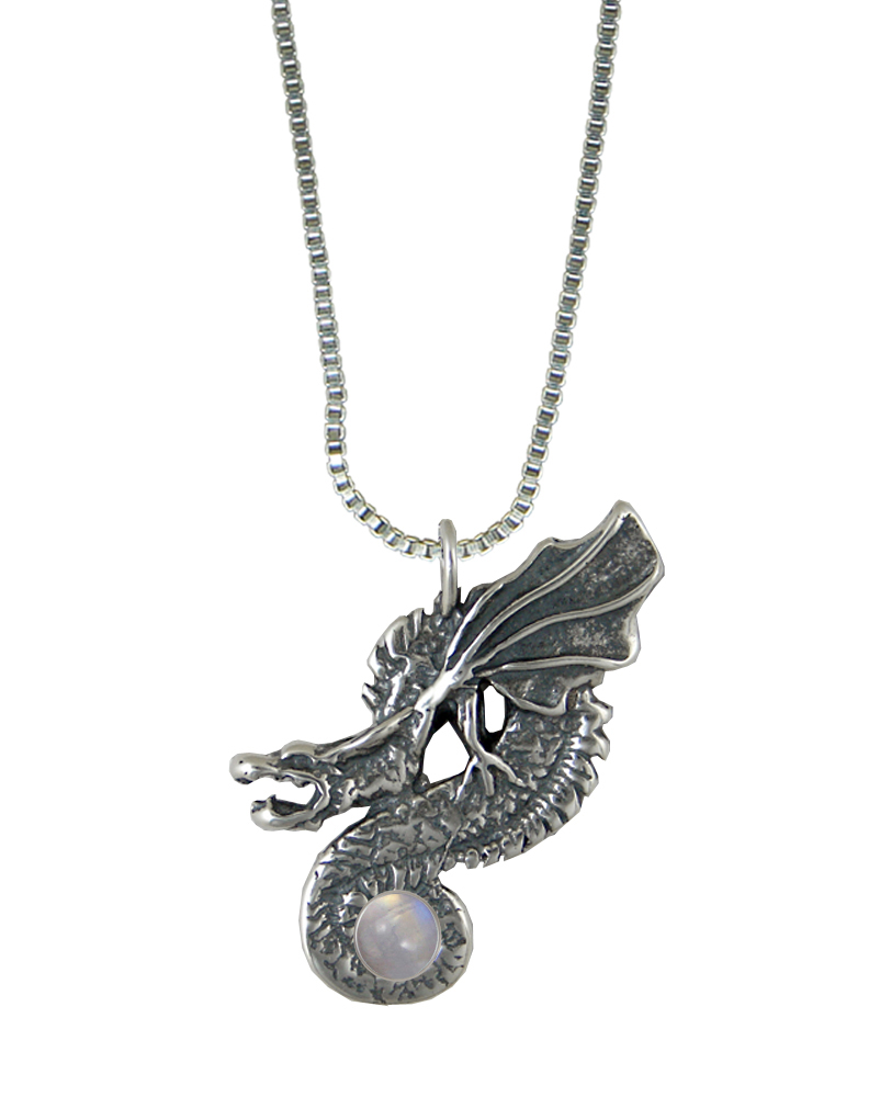 Sterling Silver Wyvern Dragon Pendant With Rainbow Moonstone